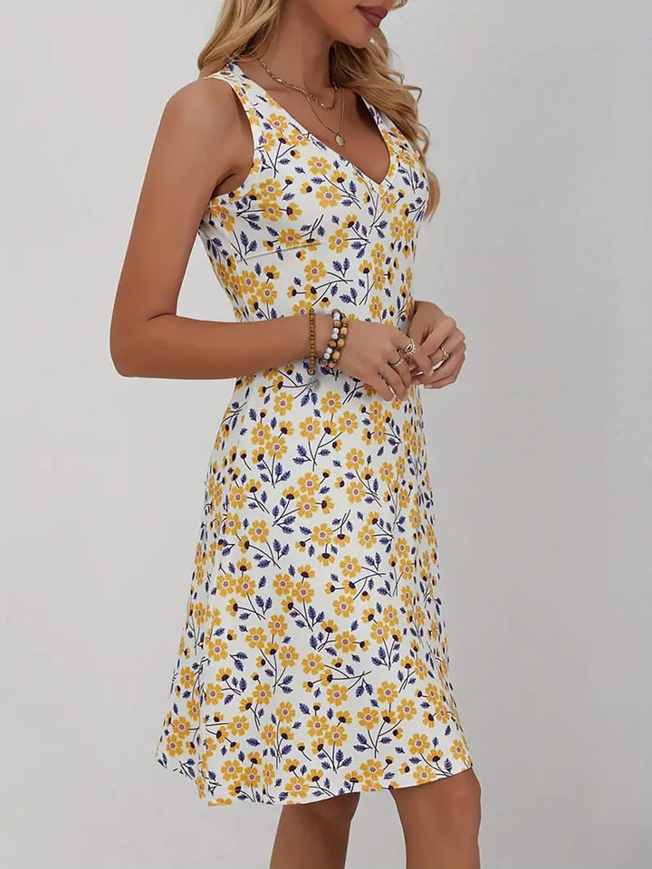 V-Neck Sleeveless Floral A-Line Midi Dress | Pink Cherry Blossom Romantic Midi