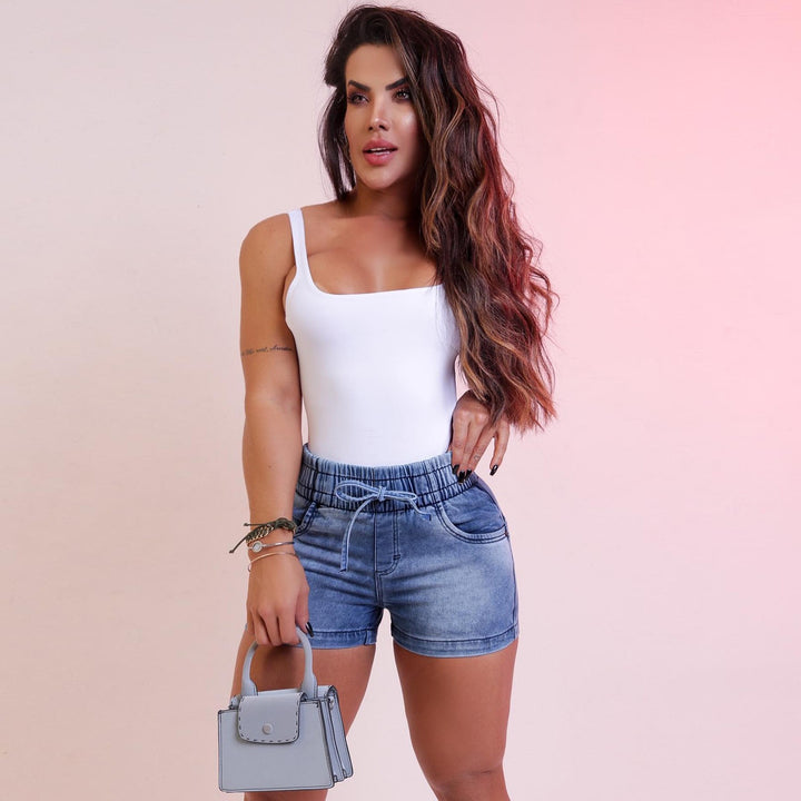 Elastic Drawstring High Waist Cuffed Stretch Denim Shorts