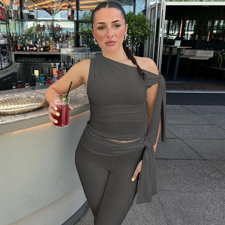One-Shoulder Tie-Detail Two-Piece Set | Bodycon Crop Top &amp;amp; Capri Leggings Outfit