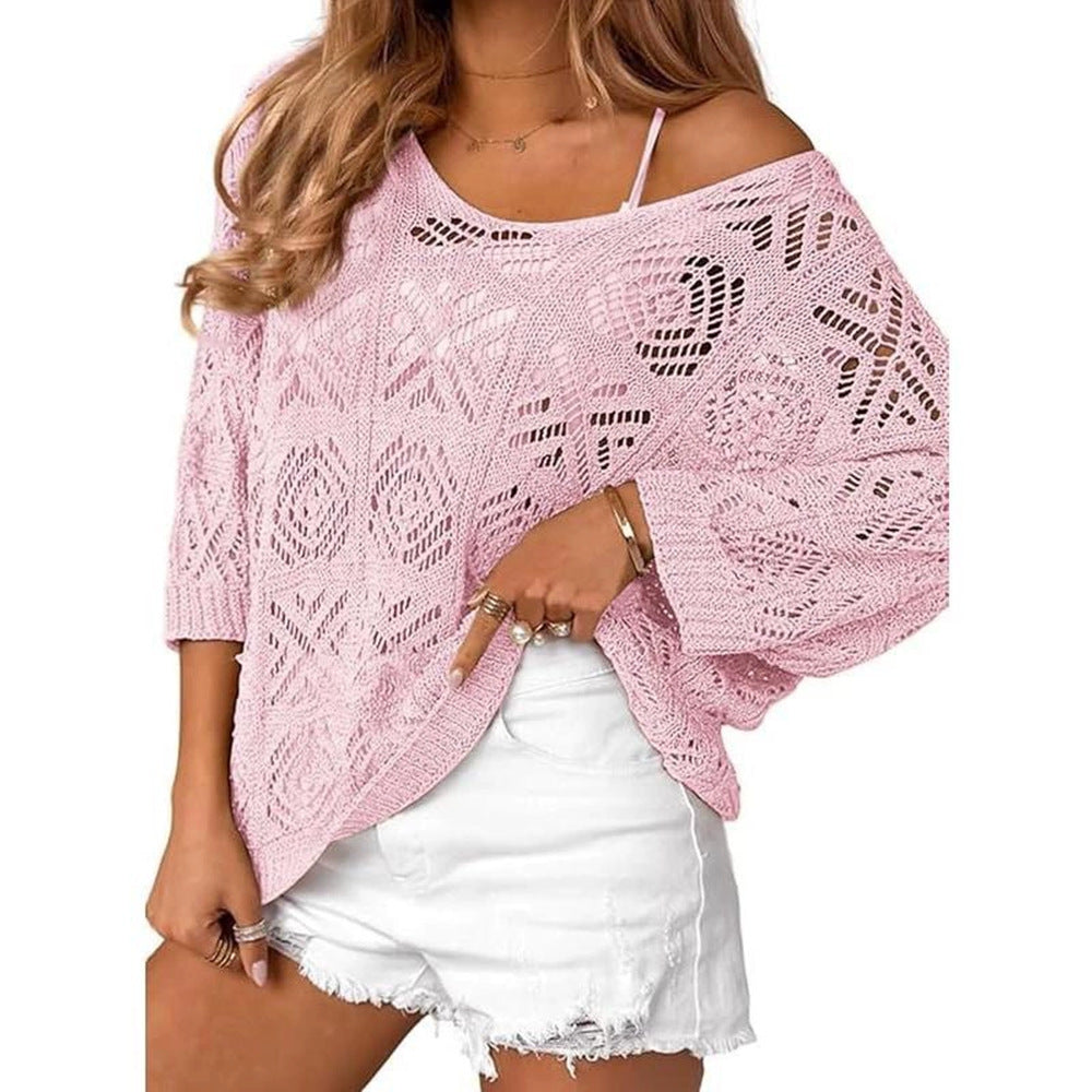 Openwork three-quarter sleeve knitted cover-up