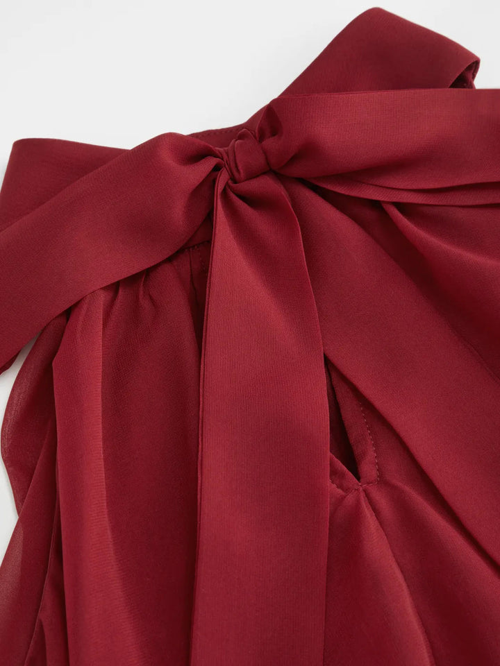 Multi-Color Halter Neck Flowy Chiffon Top with Bow Detail, Sleeveless Ruffled Blouse for Women