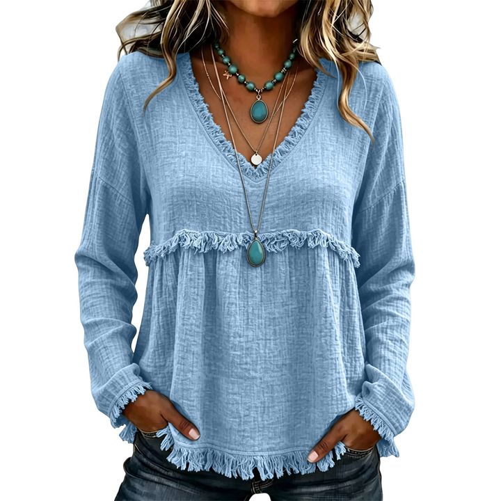 Boho Fray Trim V Neck Long Sleeve Top