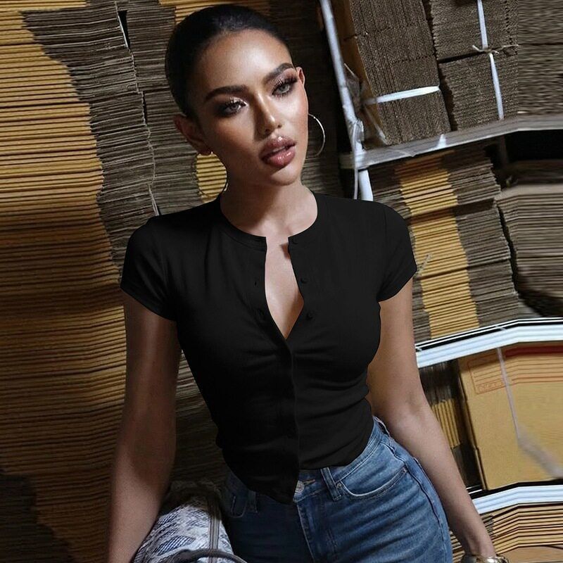 Ribbed Henley Button Front Short Sleeve Knit Top