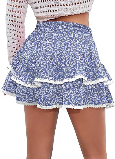 Floral Tiered Ruffle Mini Skirt with Lace Trim