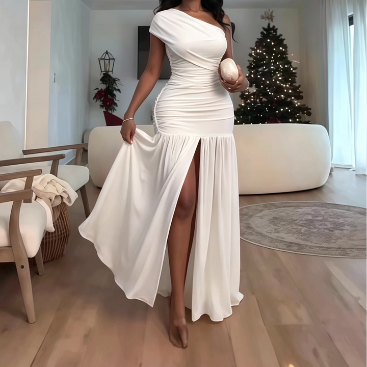 One Shoulder Ruched Slit Maxi Dress