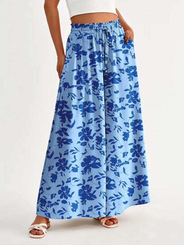 Light Blue Floral Print Elastic Waist Wide Leg Palazzo Pants