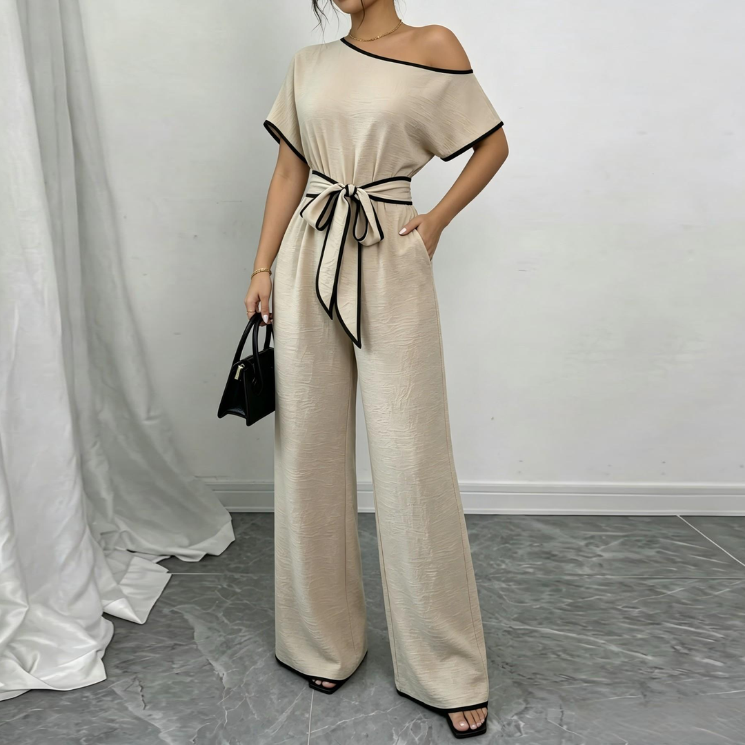 Off Shoulder Belted Wide Leg Jumpsuit