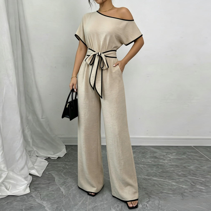 Off Shoulder Belted Wide Leg Jumpsuit