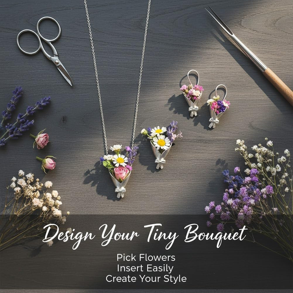 Sterling Silver Flower Bouquet Jewelry Set | Necklace Earrings &amp;amp; Brooch Matte Finish