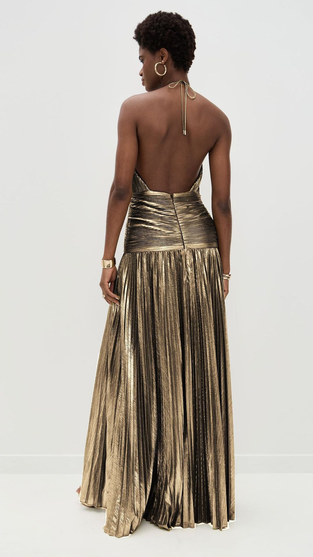 Metallic Olive Green Halter Neck Pleated Gown with High Slit