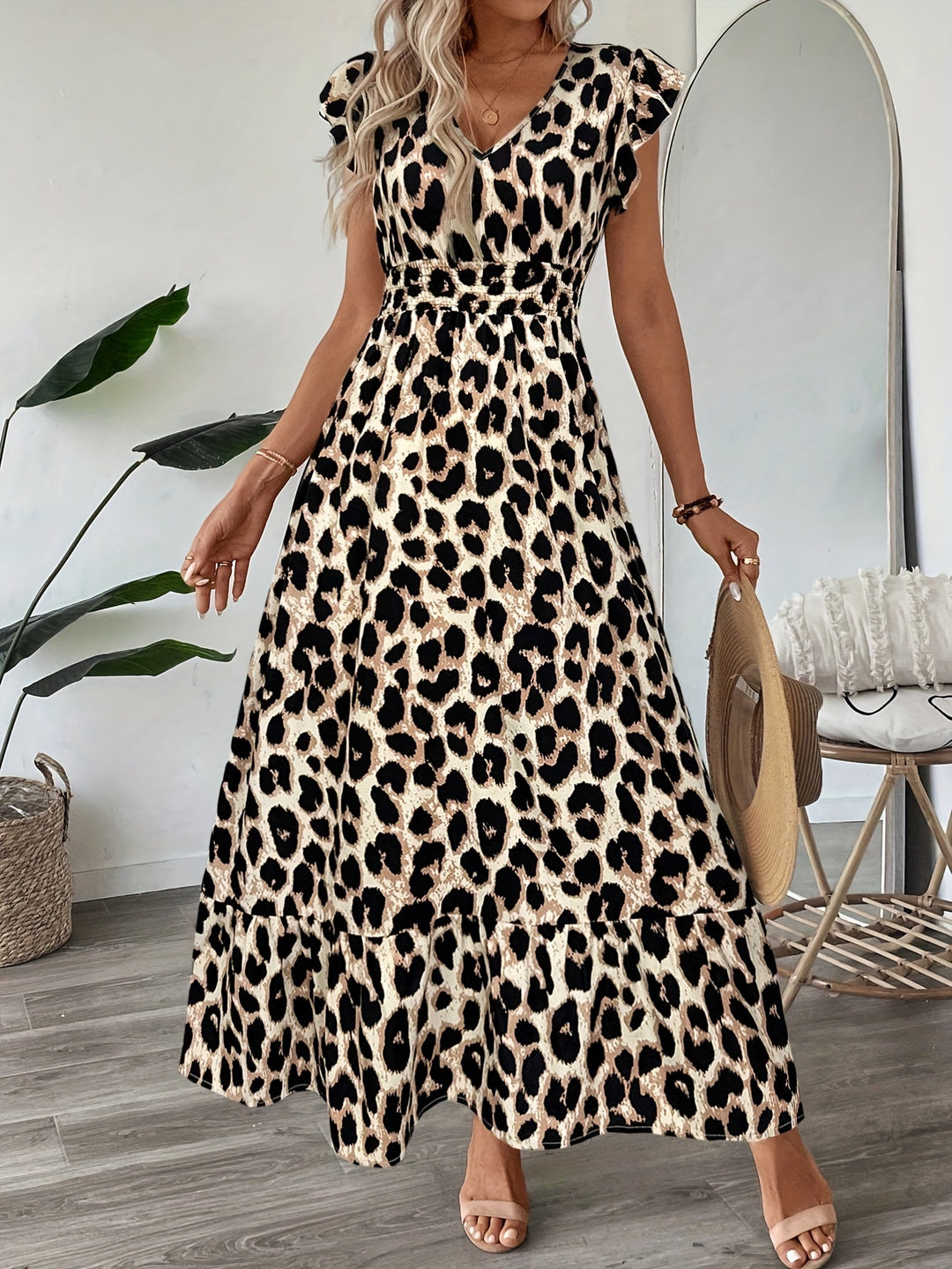 Navy Blue Printed Smocked Waist Maxi Dress