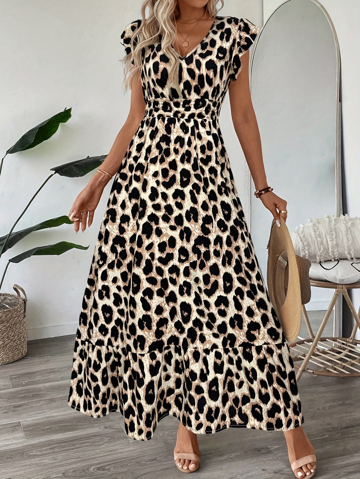 Navy Blue Printed Smocked Waist Maxi Dress