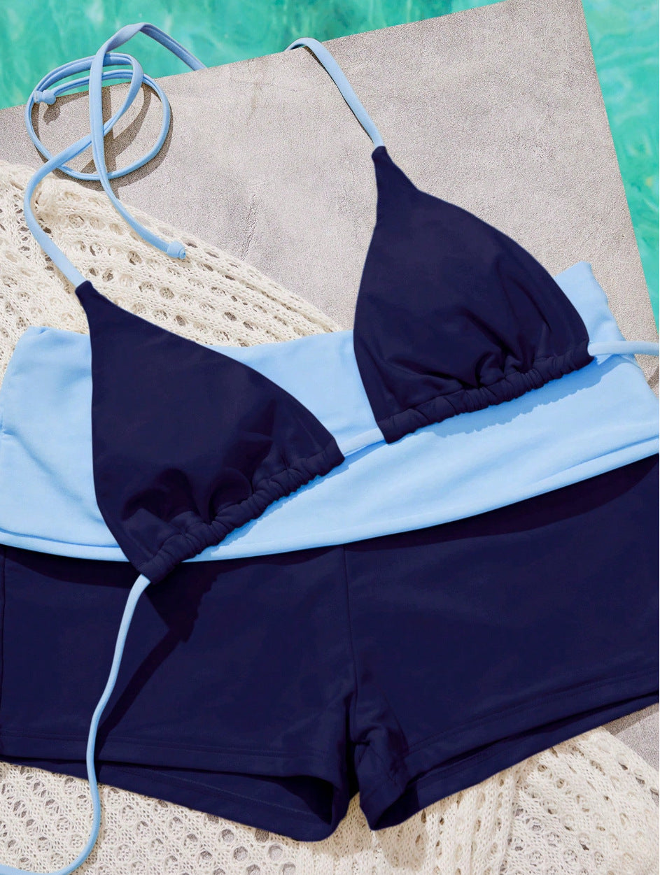 Color-Block Triangle Bikini Set with Boyshort Bottom