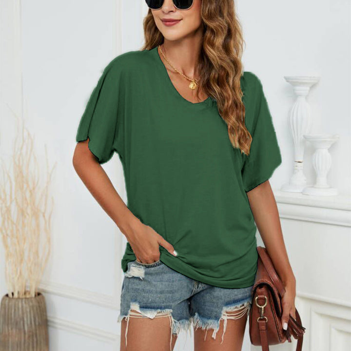 V-neck solid color batwing sleeve ruched short sleeve