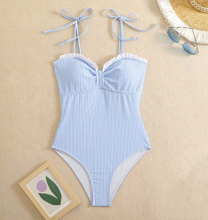 Striped Ruffle Trim Tie-Strap One-Piece Swimsuit