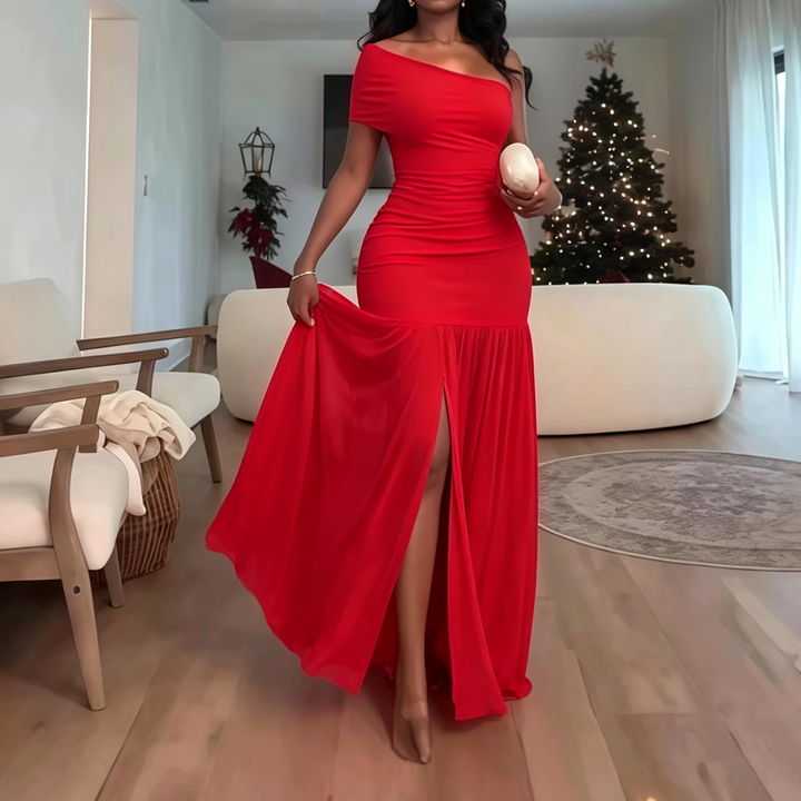 One Shoulder Ruched Slit Maxi Dress