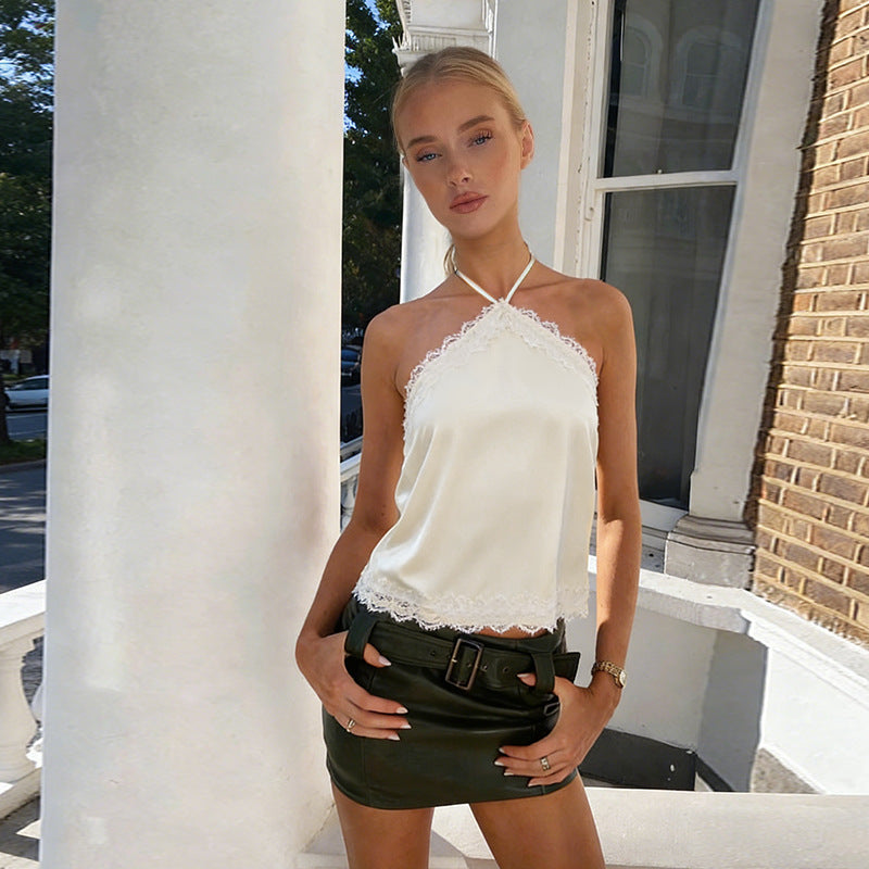 Halter Neck Satin Lace Trim Cami Top | Cream Open Back Sleeveless Blouse