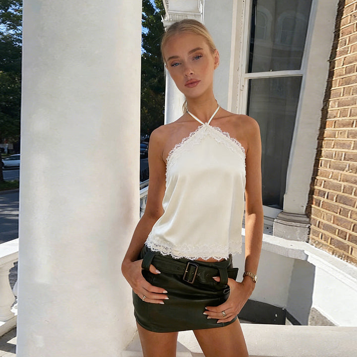 Halter Neck Satin Lace Trim Cami Top | Cream Open Back Sleeveless Blouse