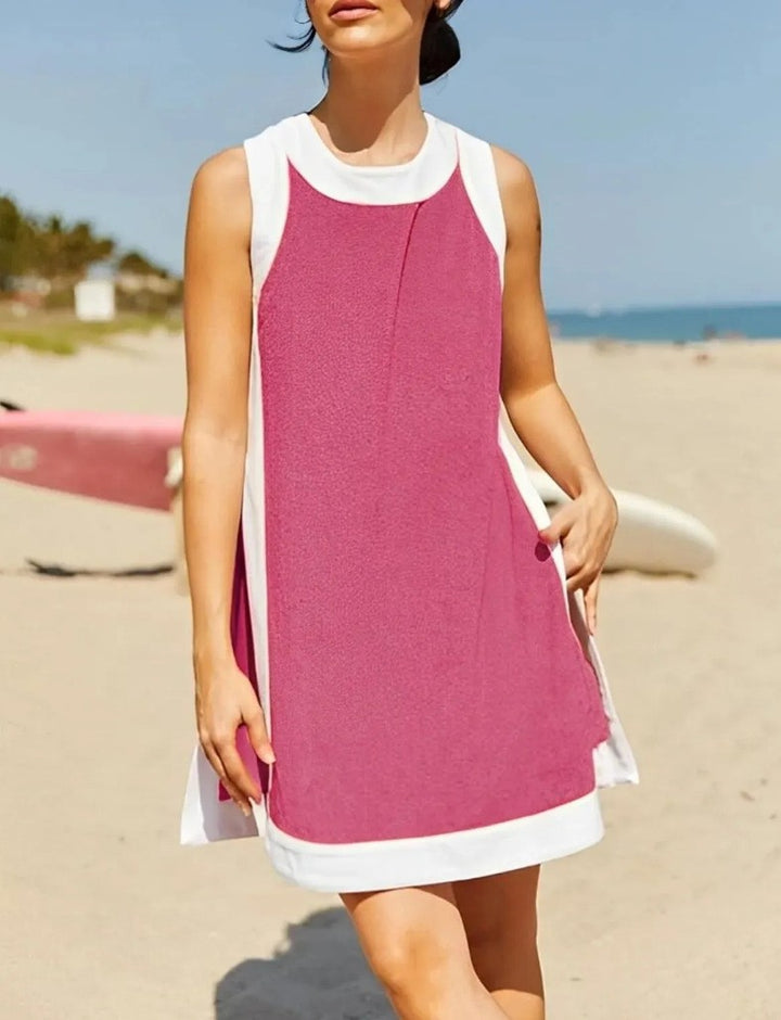 Pink &amp;amp; White Colorblock Terry Cloth Sleeveless Shift Dress
