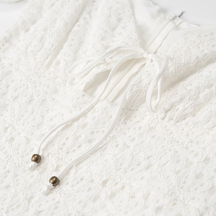 V-Neck Puff Sleeve Tie Lace Tiered Mini Dress | White Broderie Anglaise Babydoll