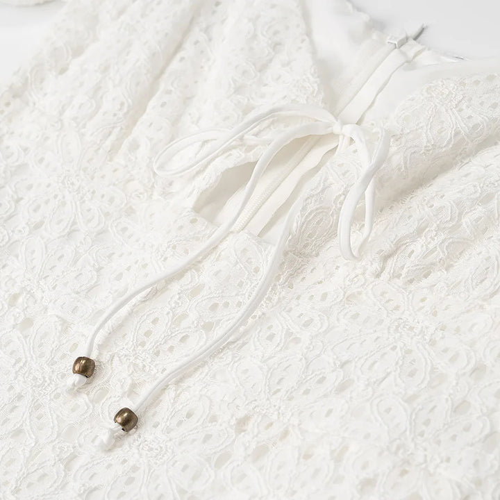 V-Neck Puff Sleeve Tie Lace Tiered Mini Dress | White Broderie Anglaise Babydoll