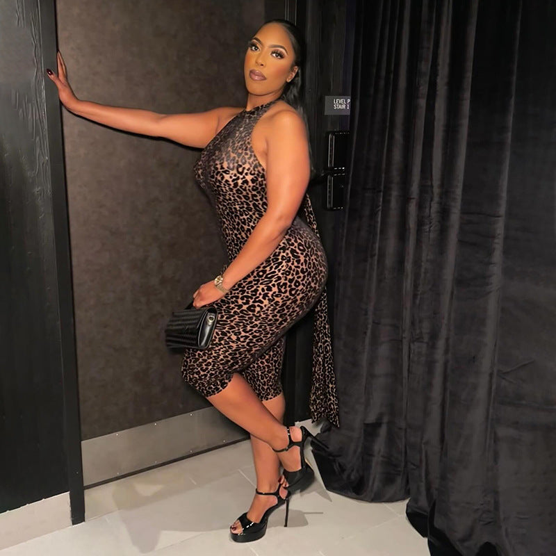 Leopard Print Halter Neck Bodycon Jumpsuit, Sleeveless Form-Fitting Catsuit for Women
