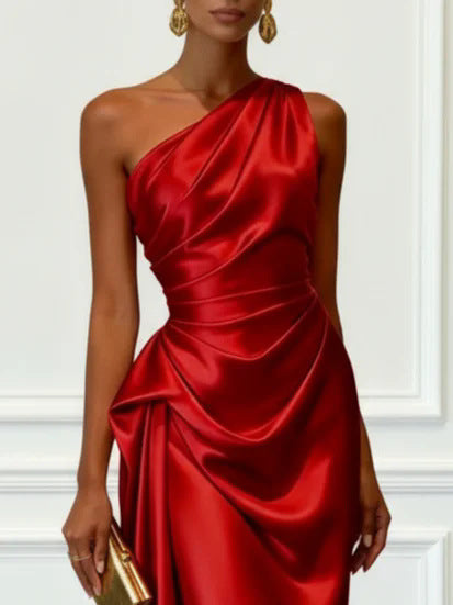 Multi-Color One-Shoulder Satin Midi Dress | Ruched Elegant Party Cocktail Dress