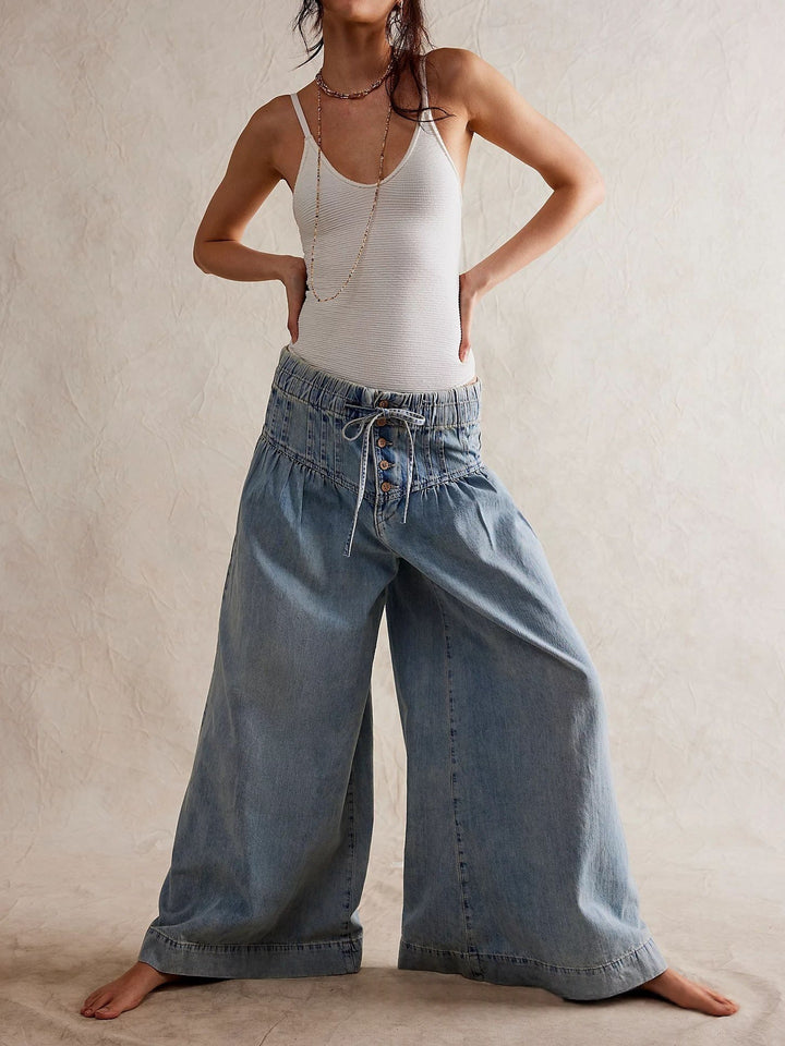 High-Waisted Denim Wide Leg Pants with Corset Waist