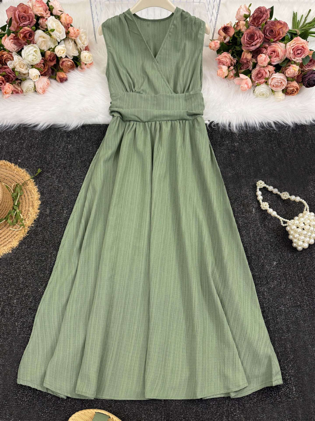 Green Sleeveless Surplice Neck Midi Dress