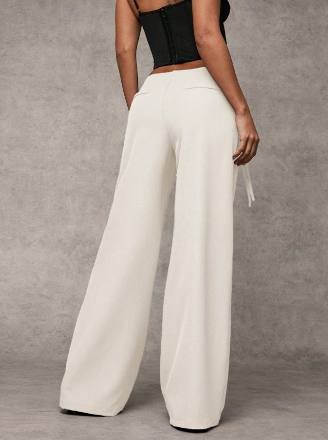 Low-Rise Tie Waist Wide Leg Trousers | Tailored Flare Pants with Metal Ring Detail for Women