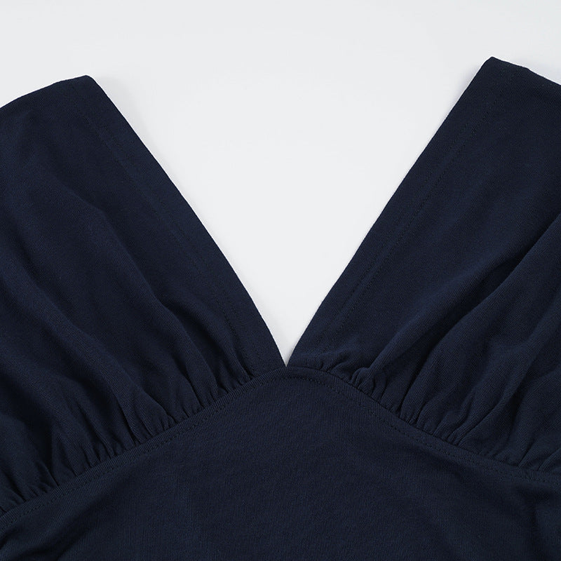 Ruched Dolman Sleeve Crop Top, Deep V-Neck Open Back Blouse for Women