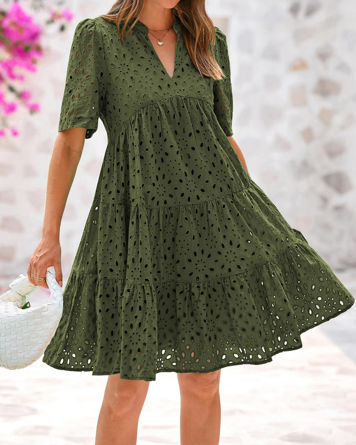 Eyelet Embroidery Tiered Mini Dress, Notched Neck Short Sleeve Casual Summer Dress