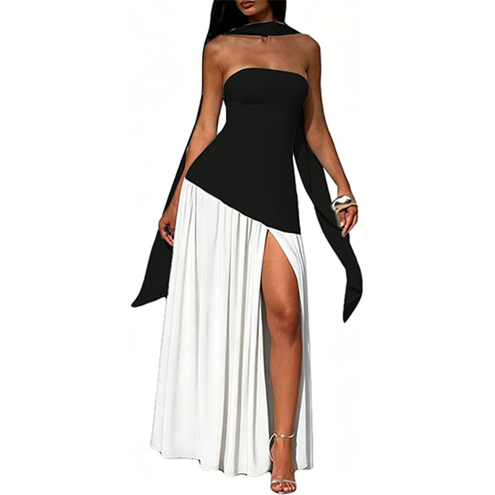 Stylish strapless solid color backless slit dress