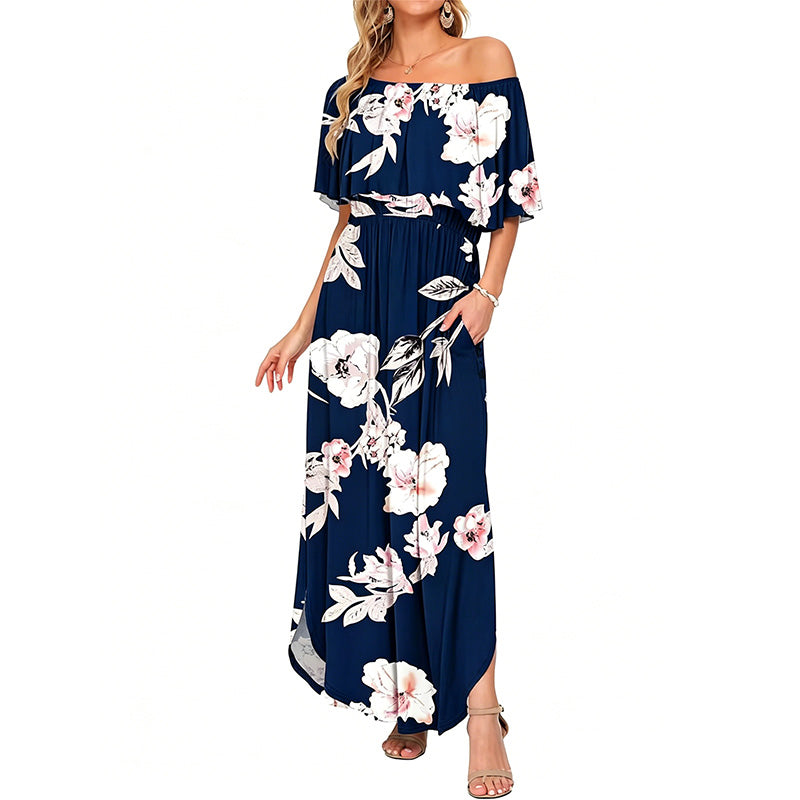 Printed off-shoulder short-sleeved long dress