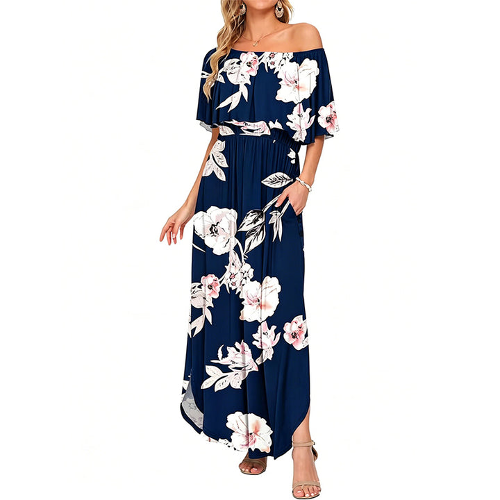 Printed off-shoulder short-sleeved long dress