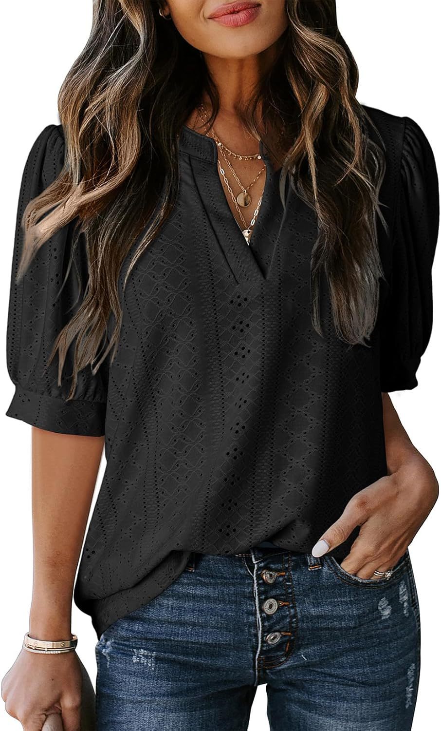 Eyelet Puff Sleeve Split Neck Blouse