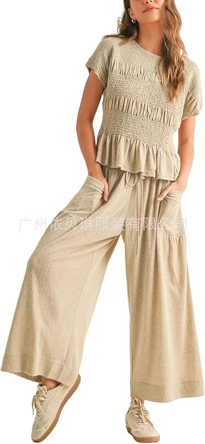 Beige Linen-Blend Smocked Peplum Top &amp;amp; Wide-Leg Pants Set
