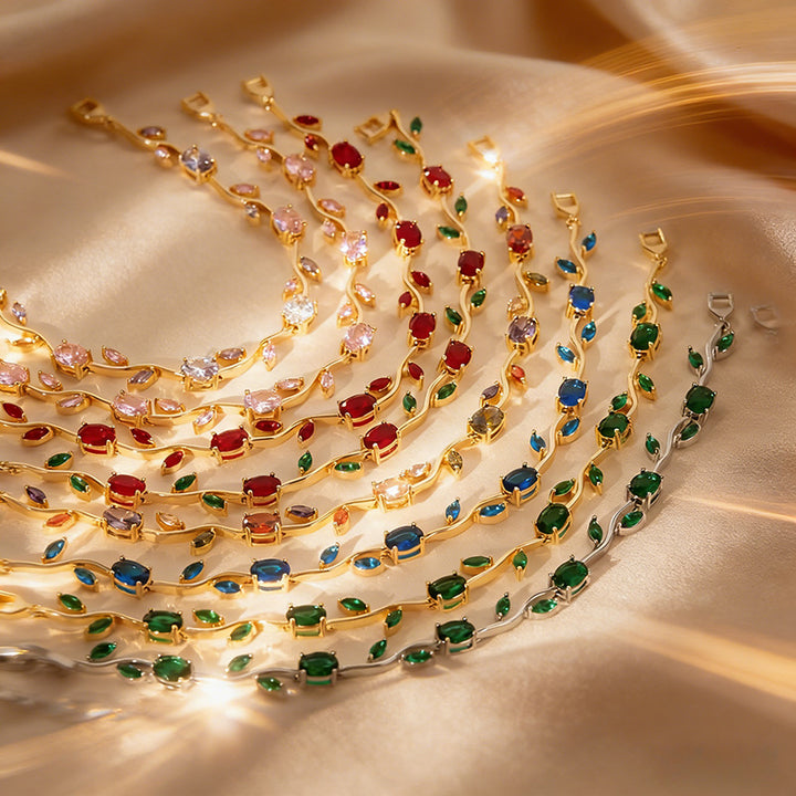 Gold Tone Multicolor Gem Vine Leaf Bracelet | Vintage Nature-Inspired CZ Cuff