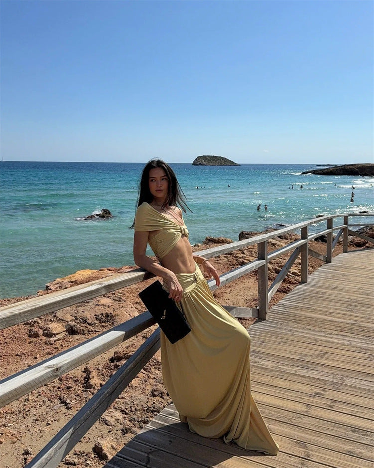 Beige Ruched 3-Piece Swimsuit Set with Off-Shoulder Top and High-Waisted Maxi Skirt