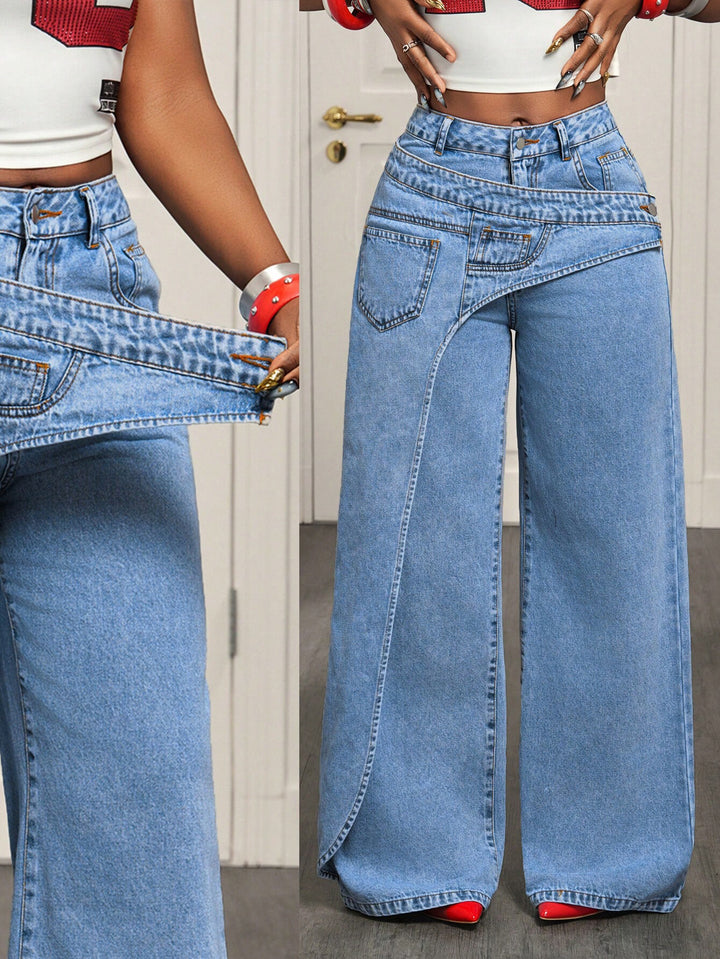 High-Waisted Wrap-Front Wide Leg Jeans