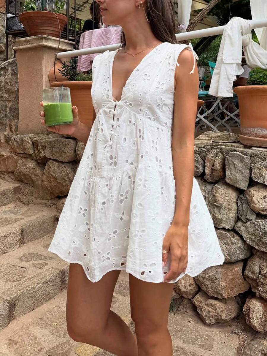V-Neck Tie Strap Eyelet Embroidery Mini Dress | White Broderie Anglaise A-Line Babydoll