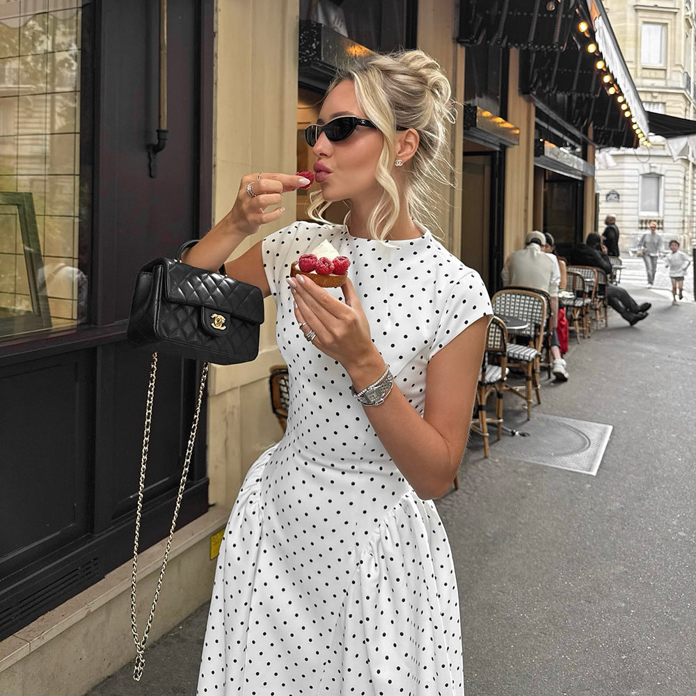 White Polka Dot Cap Sleeve Fit-and-Flare Midi Dress