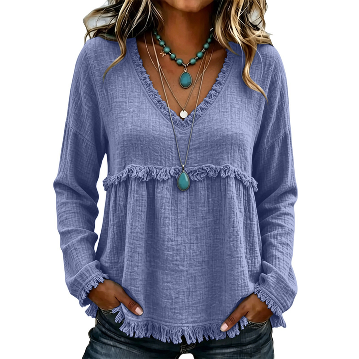 Boho Fray Trim V Neck Long Sleeve Top