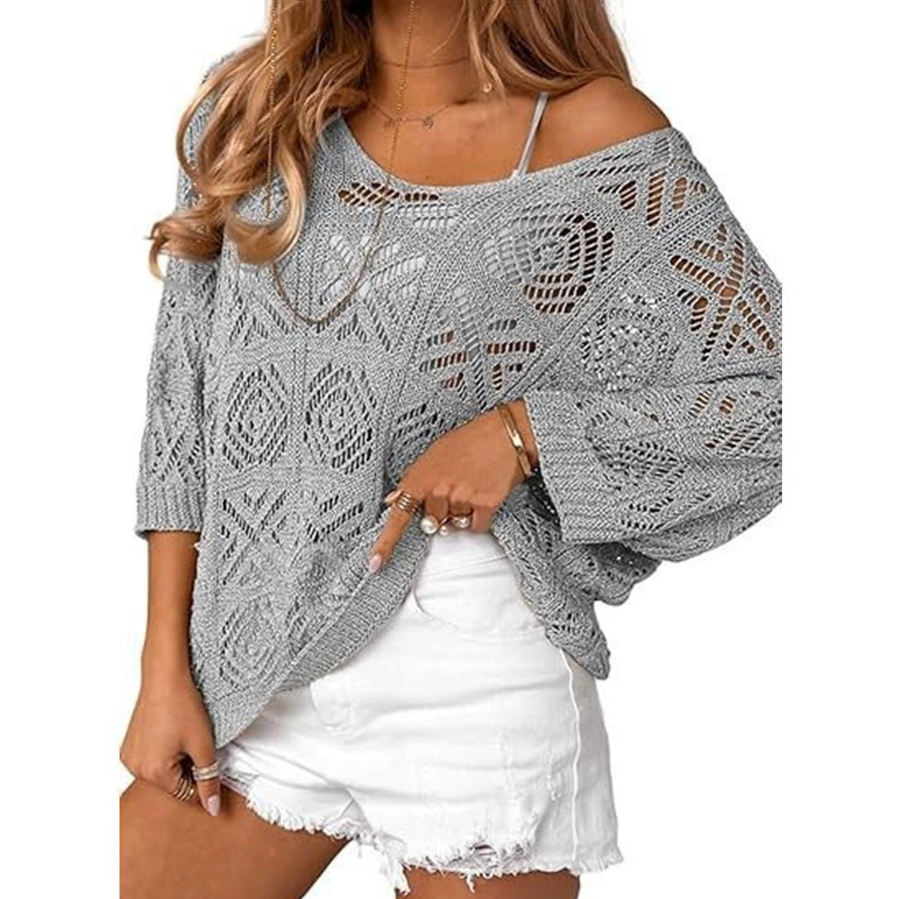 Openwork three-quarter sleeve knitted cover-up