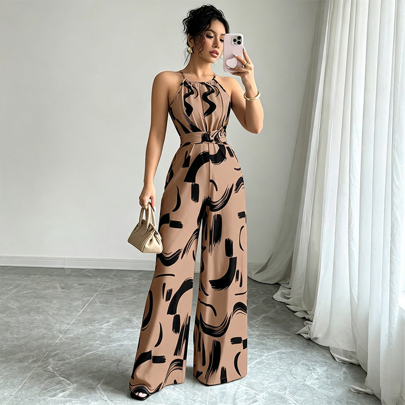 Halter-neck loose-fitting printed wide-leg jumpsuit