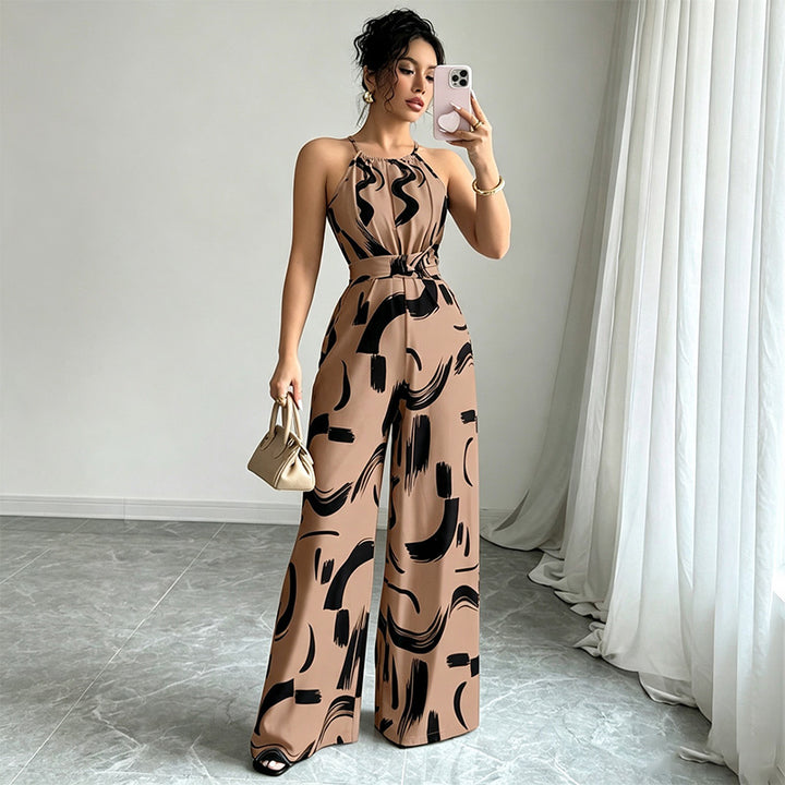 Halter-neck loose-fitting printed wide-leg jumpsuit