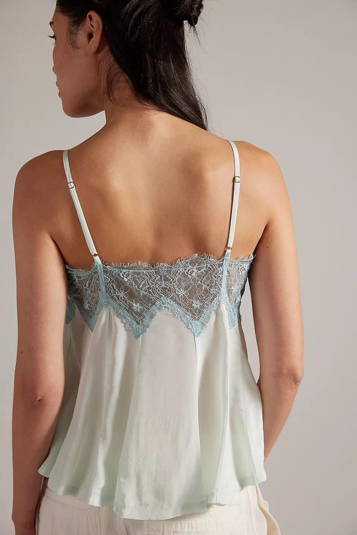 Mint Green Lace Trim Satin Cami Top | Adjustable Square Neck Blouse
