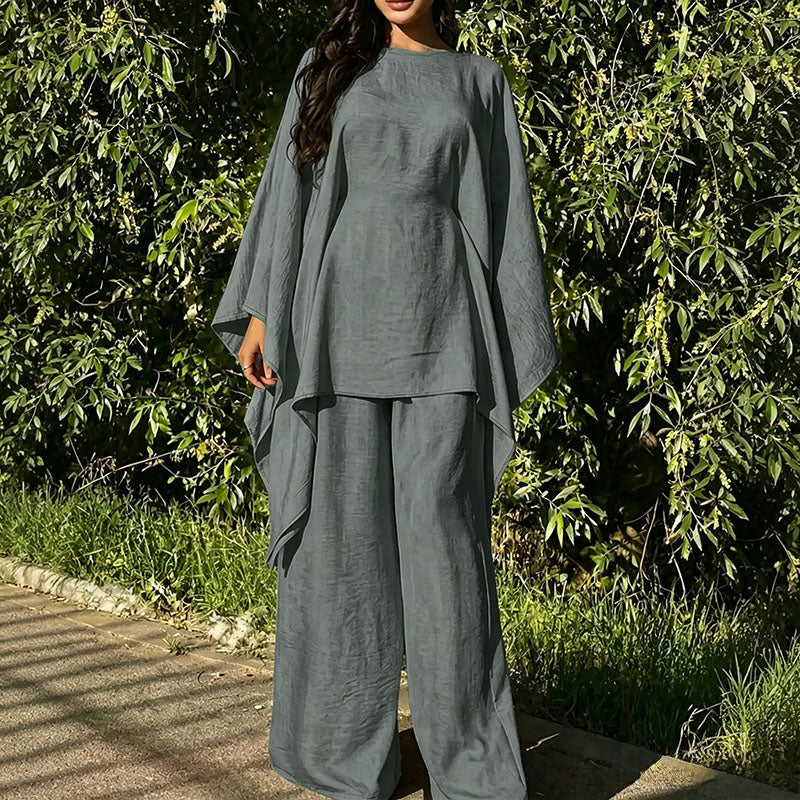 Batwing-sleeve top and wide-leg trousers two-piece set