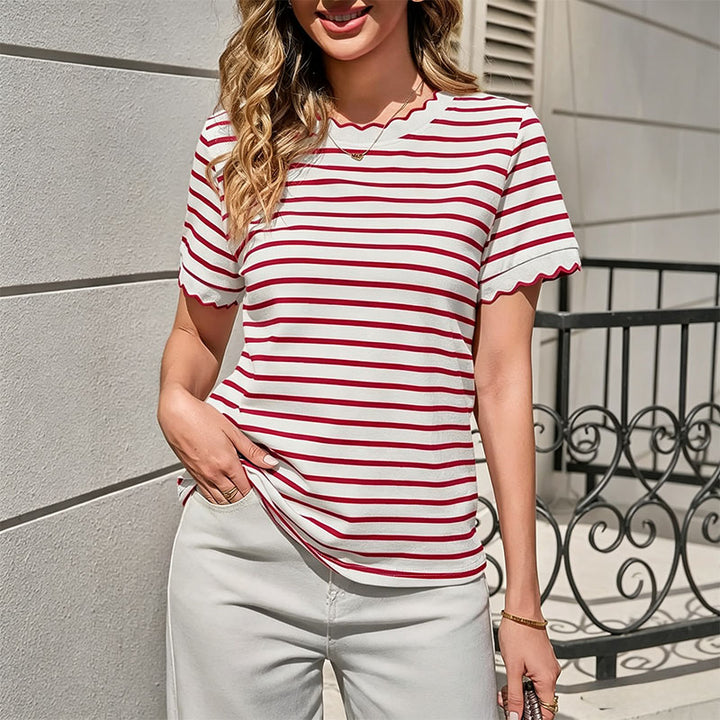 Ribbed crew-neck striped short-sleeve top