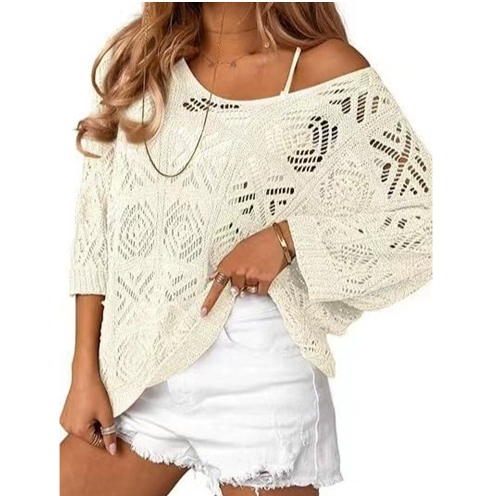Openwork three-quarter sleeve knitted cover-up